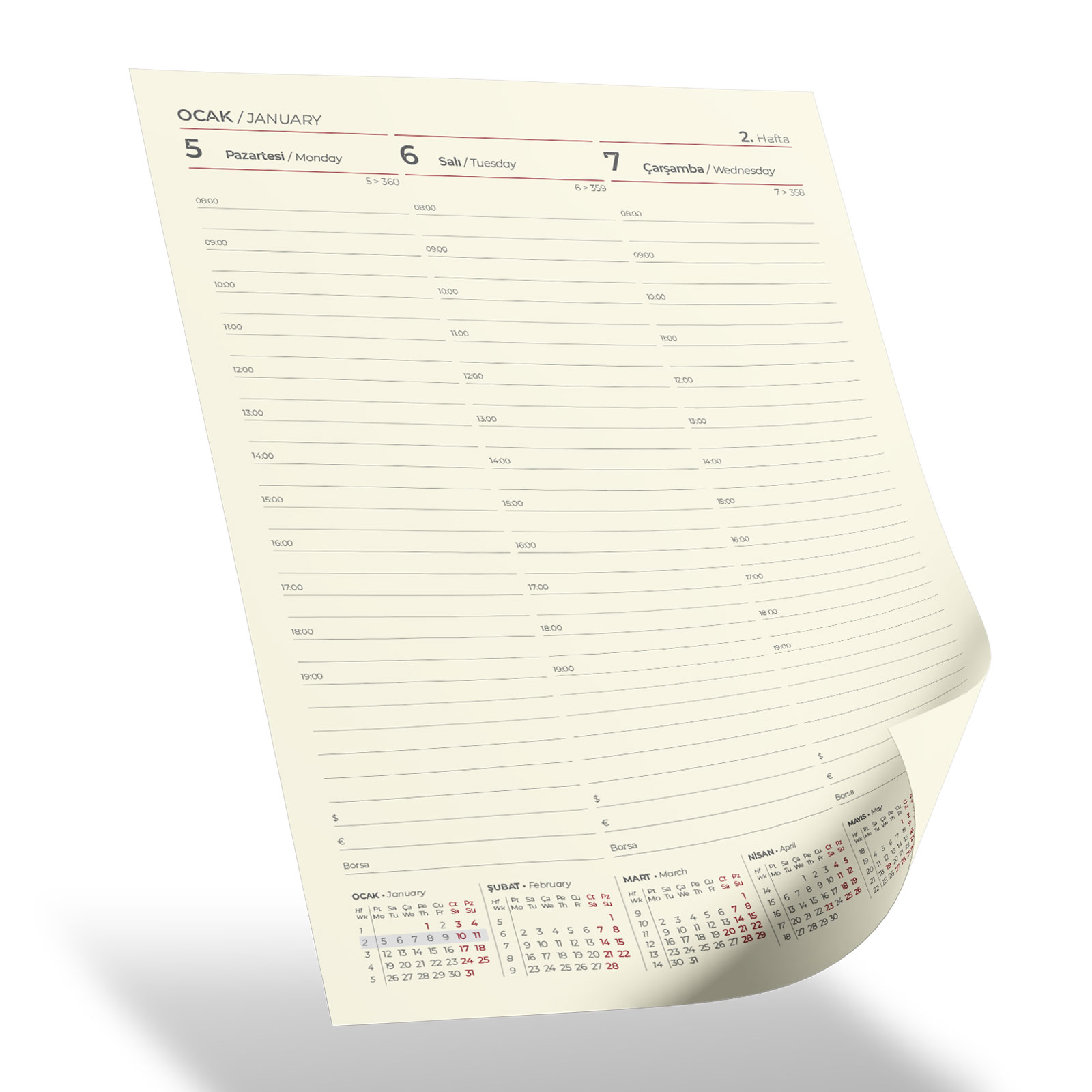 SUBAYEVLERİ KIRMIZI SPİRALLİ TARİHLİ HAFTALIK AJANDA (20x28 CM)